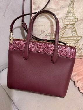 kate spade burgundy tote with pink glitter trim